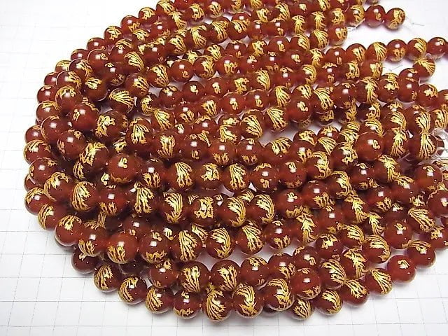 Golden! [Phoenix, Four Divine Beasts ]Carved! Red Agate Round 10mm, 12mm, 14mm half or 1strand