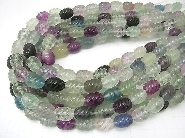 Multicolor Fluorite AAA - Engraved Rice 15 x 10 x 10 mm half or 1 strand beads (aprx.15 inch / 38 cm)