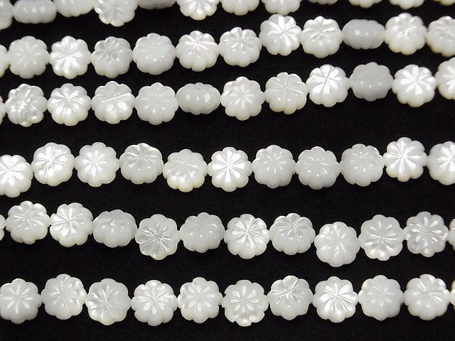 High Quality White Shell (Silver-lip Oyster)AAA Flower (Both Side Finish)8x8x4.5mm 1/4 or 1strand beads (aprx.15inch/37cm)