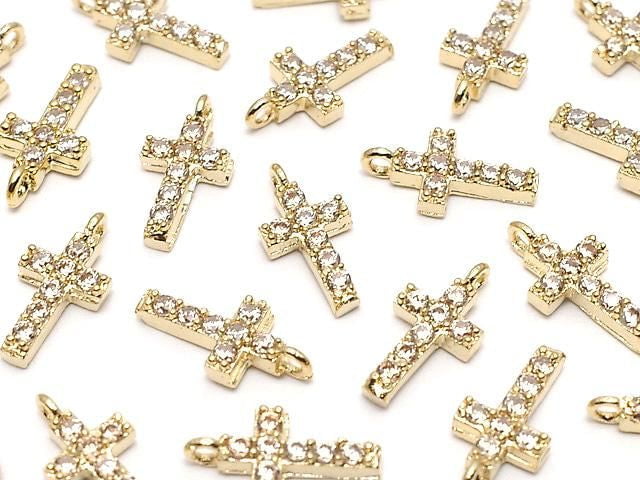 Metal Parts CZ Charm Cross 10x5mm [Champagne] Gold Color, 2 Pieces