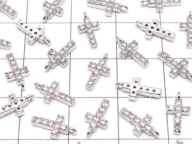 Metal Parts Charm with CZ Cross 10 x 5 mm [Pink] Silver Color 2 pcs $2.79