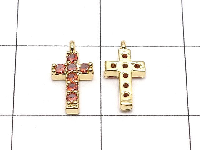 Metal Parts Charm with CZ Cross 10 x 5 mm [Garnet] Gold color 2 pcs