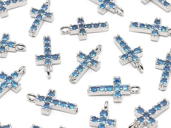 Metal parts CZ charm Cross 10x5mm [Sky blue] Silver color 2pcs