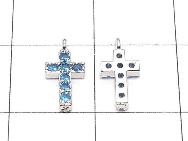 Metal Parts Charm with CZ Cross 10 x 5 mm [Sky Blue] Silver Color 2 pcs