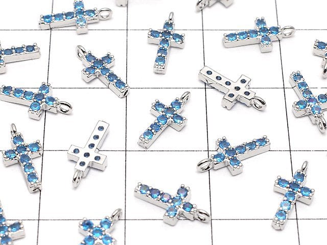 Metal Parts Charm with CZ Cross 10 x 5 mm [Sky Blue] Silver Color 2 pcs