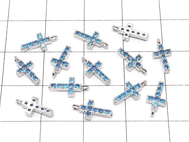 Metal Parts Charm with CZ Cross 10 x 5 mm [Sky Blue] Silver Color 2 pcs