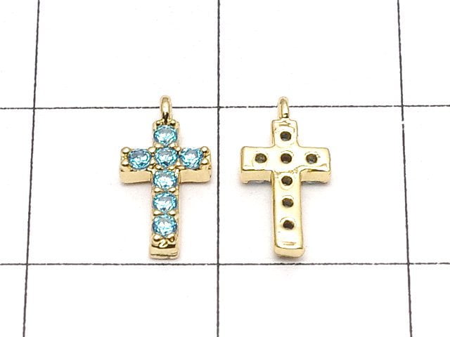 Metal Parts Charm with CZ Cross 10 x 5 mm [Sky Blue] Gold Color 2 pcs