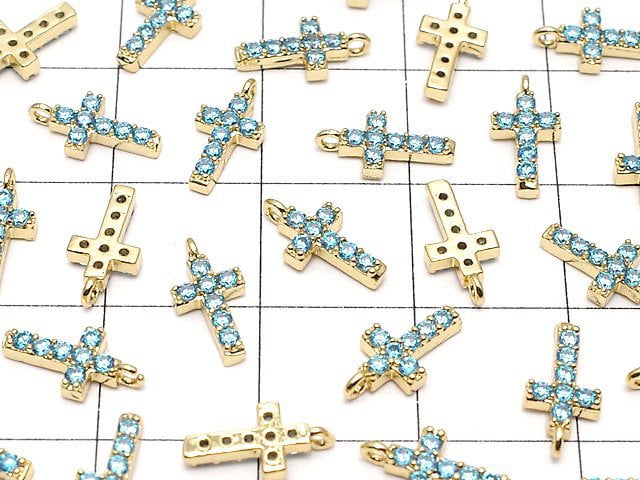 Metal Parts Charm with CZ Cross 10 x 5 mm [Sky Blue] Gold Color 2 pcs