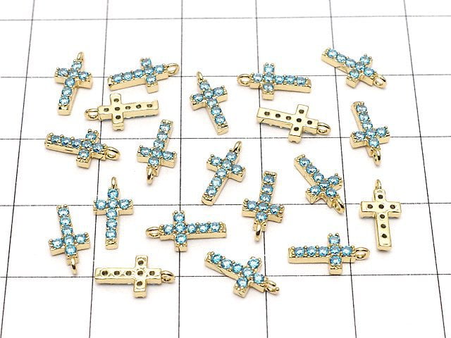 Metal Parts Charm with CZ Cross 10 x 5 mm [Sky Blue] Gold Color 2 pcs