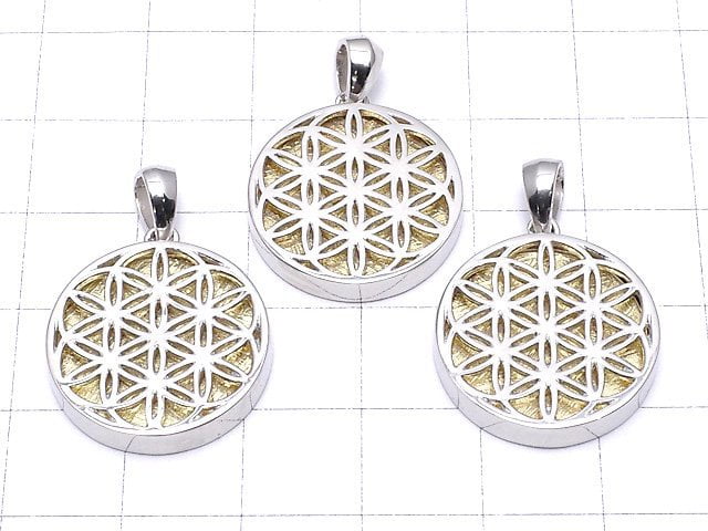 Meteorite Flower of Life Designed Coin Pendant 20 mm Gold Color Silver 925