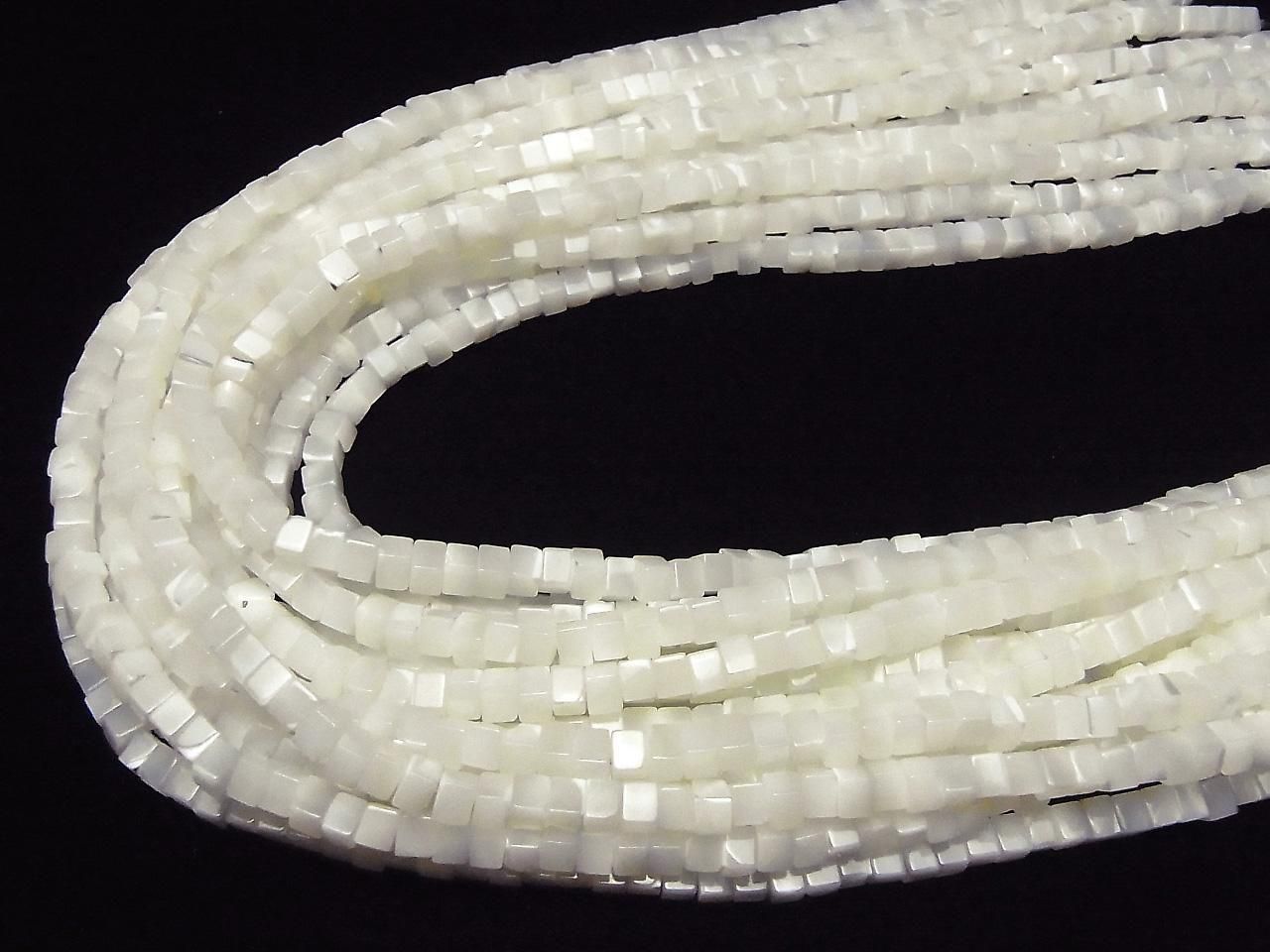 Mother of Pearl (MOP) White Cube 4.5x4.5x3.5mm half or 1-strand beads (approx. 15 inches/38 cm)