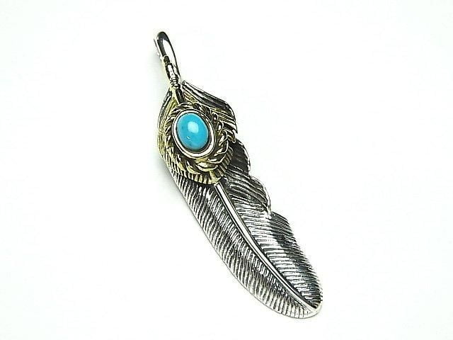Silver 925 Feather Pendant with Turquoise, 46x11x8mm, 1pc