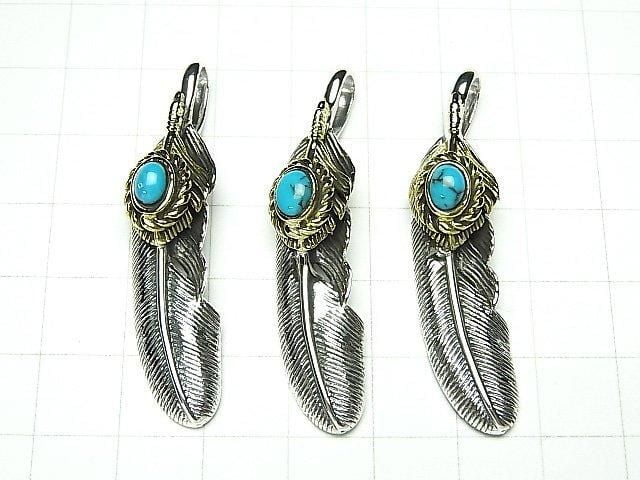 Silver 925 Feather Pendant with Turquoise, 46x11x8mm, 1pc