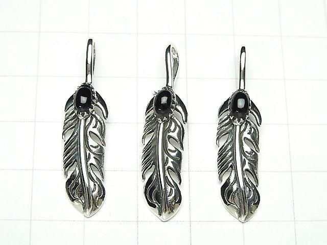 Silver 925 Feather Pendant with Onyx, 36x8x5mm, 1pc