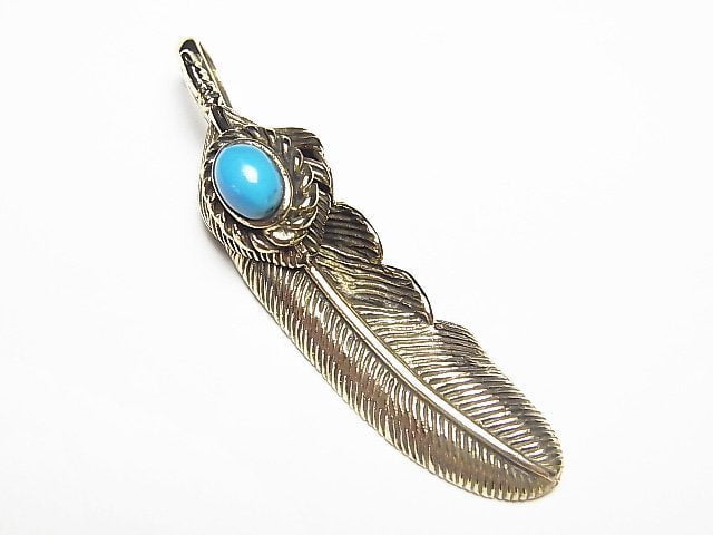 Brass Turquoise Feather Pendant 46x11x8mm 1pc