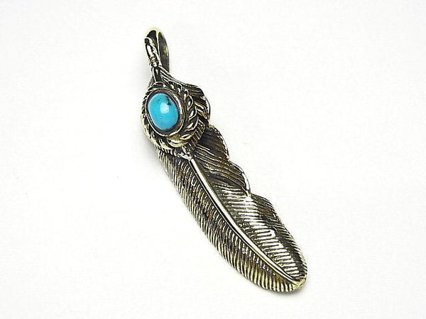 Brass Feather Pendant with Turquoise 46x11x8mm 1pc