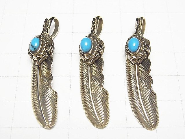 Brass Turquoise Feather Pendant 46x11x8mm 1pc