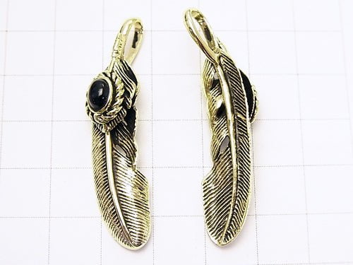 Feather Pendant with Brass Onyx 46x11x8mm 1pc