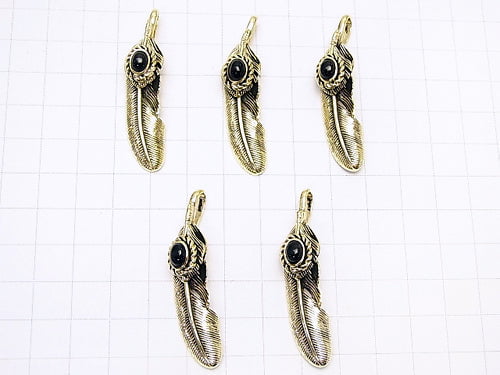 Brass Onyx Feather Pendant 46x11x8mm 1pc