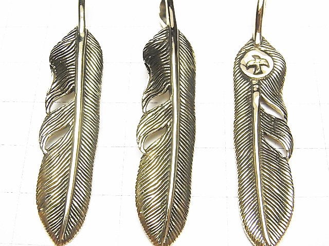 Brass Feather Pendant 60x12x2.5mm 1pc