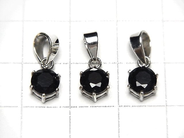 High Quality Black Sapphire AAA Round Faceted Pendant 7x6x4mm Silver925