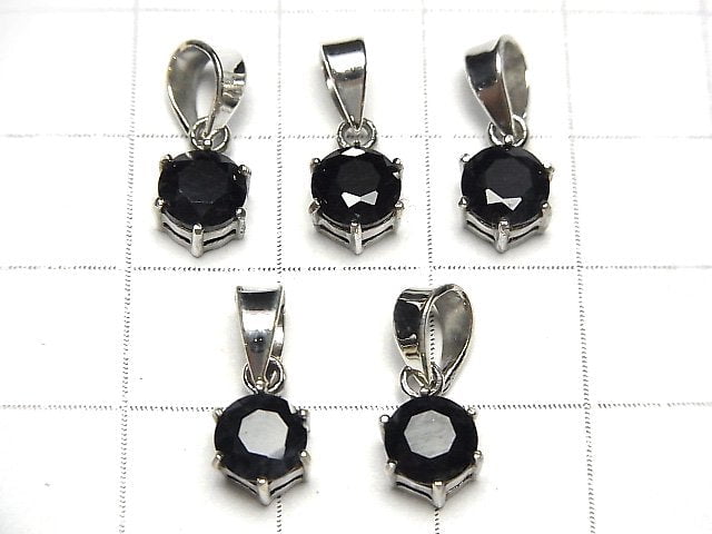 High Quality Black Sapphire AAA Round Faceted Pendant 7x6x4mm Silver925