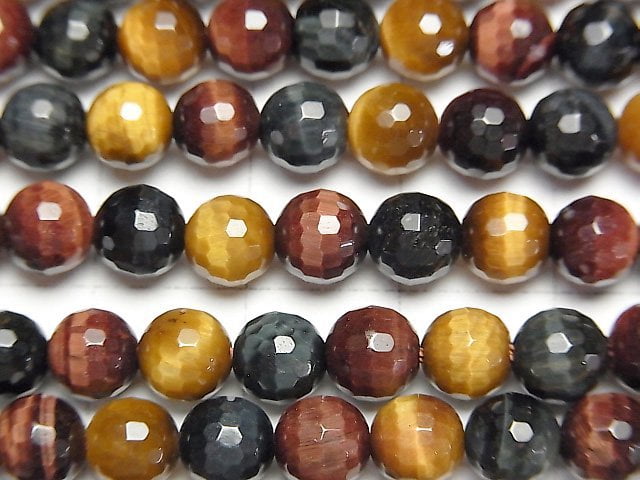 [Video]Tiger's Eye AAA 3 color mix 128Faceted Round 6mm 1strand beads (aprx.15inch/38cm)