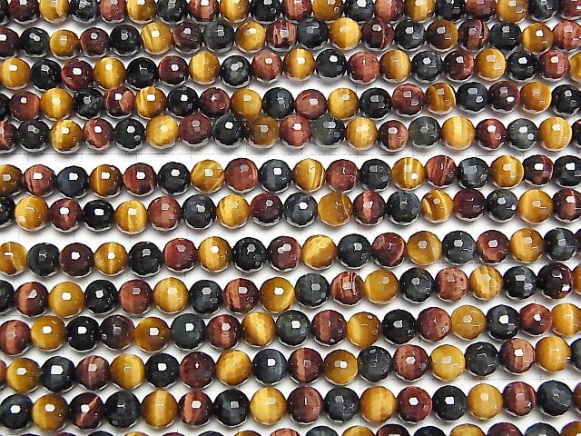 [Video]Tiger's Eye AAA 3 color mix 128Faceted Round 6mm 1strand beads (aprx.15inch/38cm)