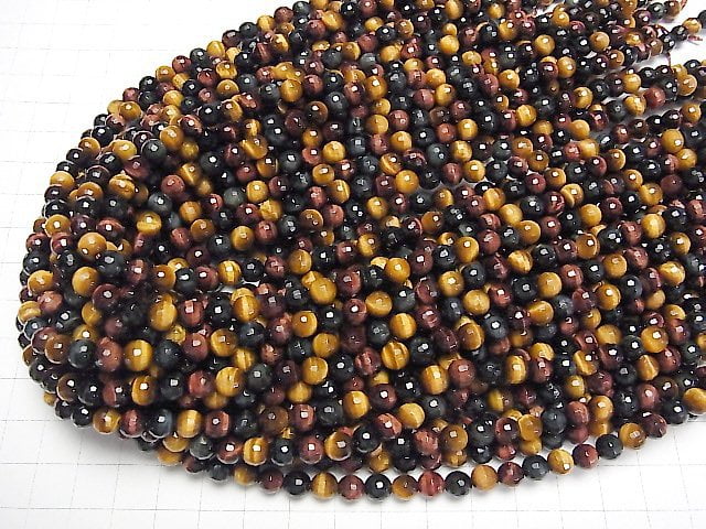 [Video]Tiger's Eye AAA 3 color mix 128Faceted Round 6mm 1strand beads (aprx.15inch/38cm)