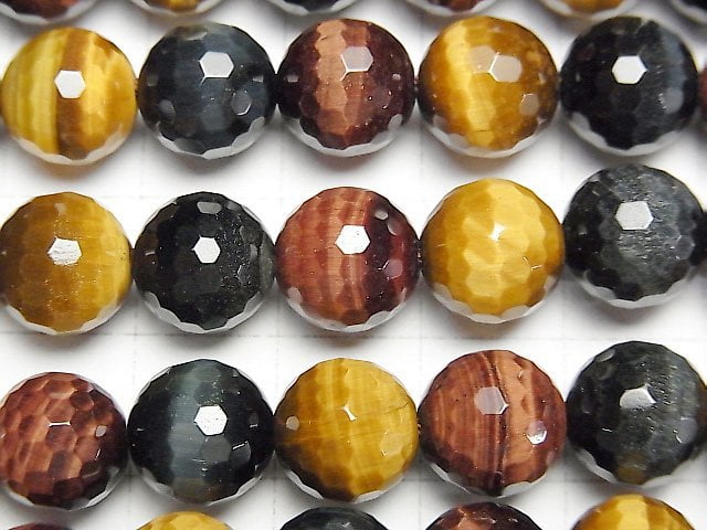 [Video]Tiger's Eye AAA 3 color mix 128Faceted Round 10mm half or 1strand beads (aprx.15inch/38cm)