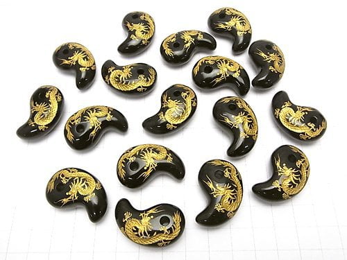 [Video] Golden! Dragon (Four Divine Beasts) Carved! Onyx Comma Shaped Bead 30x20x10mm 1pc