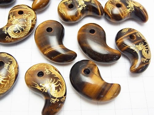 Golden! Dragon (Four Divine Beasts) Carved! Yellow Tiger's Eye AAA- Comma Shaped Bead 30x20mm 1pc