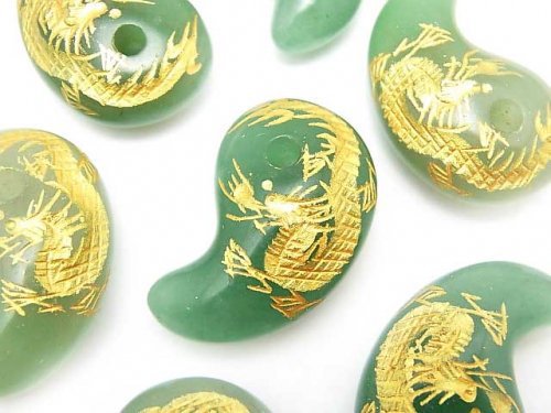 Golden! Carved Dragon (Four Divine Beasts)! Green Aventurine Comma Shaped Bead 30x20x10mm 1pc