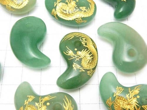 Golden! Carved Dragon (Four Divine Beasts)! Green Aventurine Comma Shaped Bead 30x20x10mm 1pc