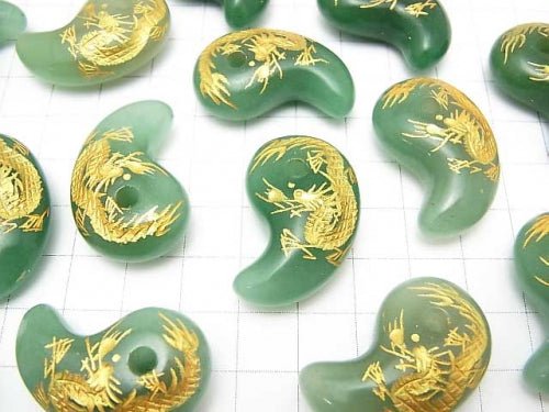 Golden! Carved Dragon (Four Divine Beasts)! Green Aventurine Comma Shaped Bead 30x20x10mm 1pc