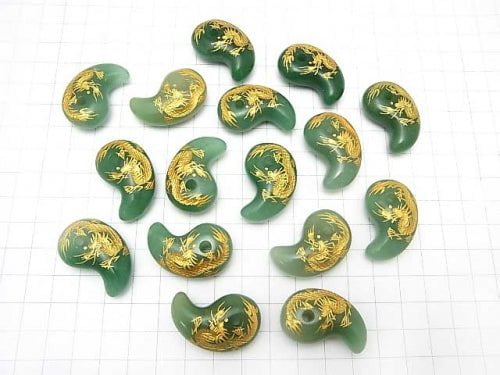 Golden! Carved Dragon (Four Divine Beasts)! Green Aventurine Comma Shaped Bead 30x20x10mm 1pc