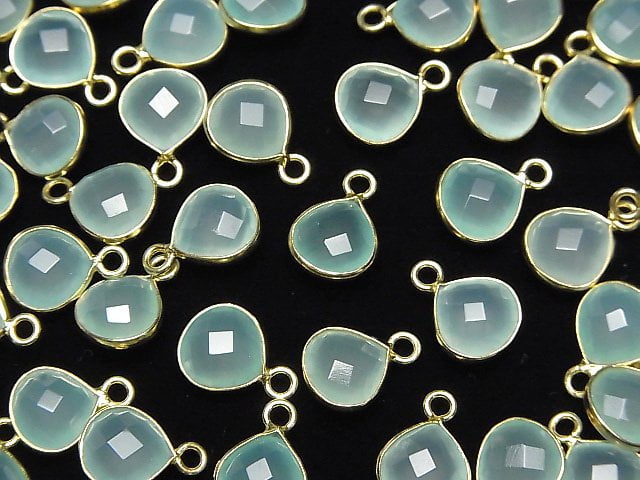 [Video]High Quality Sea Blue Chalcedony AAA Bezel Setting Chestnut Shape 9x9mm 18KGP 3pcs