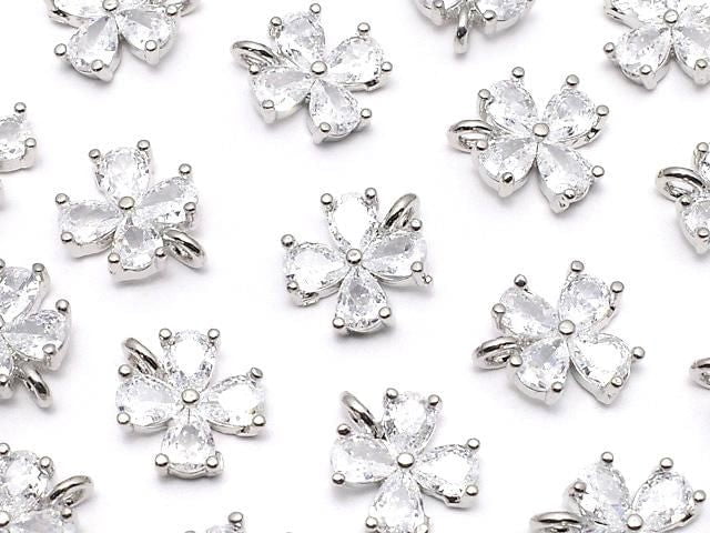 Metal CZ Charm, Clover, 9.5x8mm, Silver, 2 Pieces