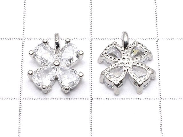 Metal parts CZ charm Clover 9.5x8mm Silver color 2pcs