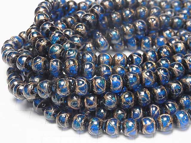 [Video] Lampwork Beads Round 10mm Gold Line Carved [Blue] half or 1strand beads (aprx.10inch/26cm)