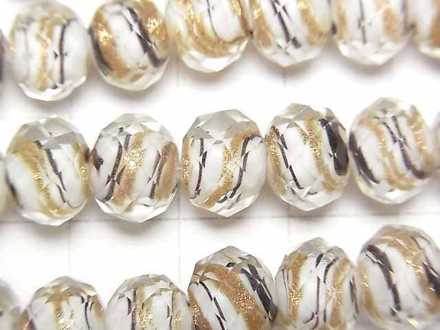 [Video]Lampwork Beads Faceted Button Rondelle 10x10x7mm Gold & Black Line Carved [White] half or 1strand beads (aprx.15inch/36cm)