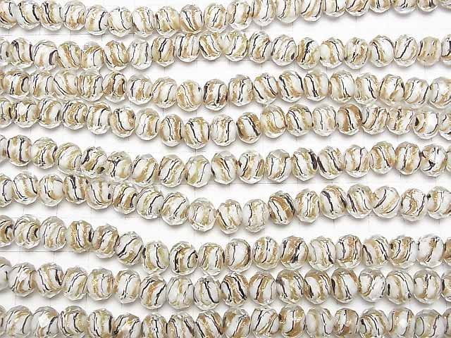 [Video]Lampwork Beads Faceted Button Rondelle 10x10x7mm Gold & Black Line Carved [White] half or 1strand beads (aprx.15inch/36cm)