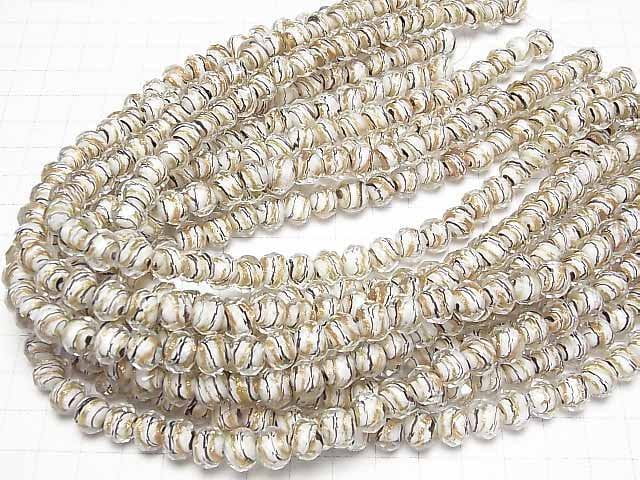 [Video]Lampwork Beads Faceted Button Rondelle 10x10x7mm Gold & Black Line Carved [White] half or 1strand beads (aprx.15inch/36cm)