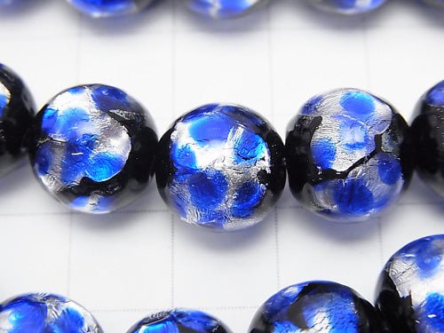 Lampwork Beads Round 12mm [Blue x Silver] 1/4 or 1strand beads (aprx.14inch/35cm)