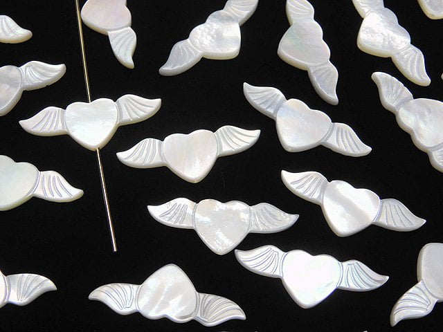 [Video] High Quality White Shell Angel Wing with Heart 24x8mm [Drilled Hole ] 3pcs