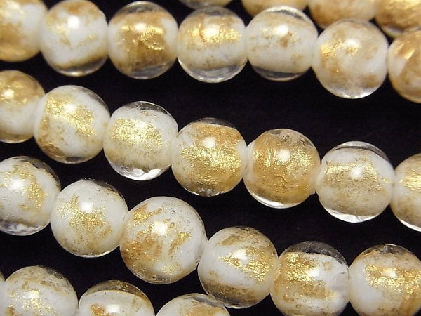 Lampwork Beads Round 8mm [Gold Powder x White] 1strand beads (aprx.9inch/24cm)