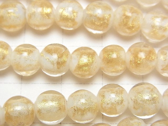 Lampwork Beads Round 8mm [Gold Powder x White] 1strand beads (aprx.9inch/24cm)