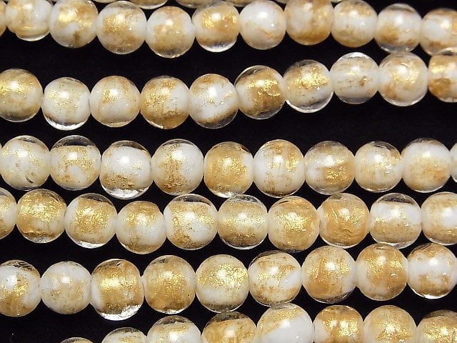 Lampwork Beads Round 8mm [Gold Powder x White] 1strand beads (aprx.9inch/24cm)