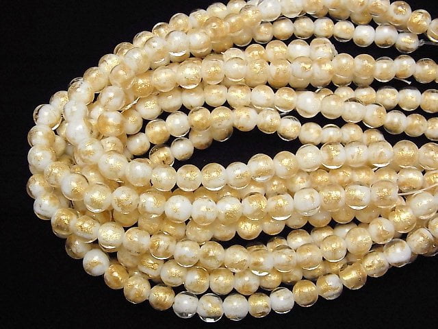 Lampwork Beads Round 8mm [Gold Powder x White] 1strand beads (aprx.9inch/24cm)