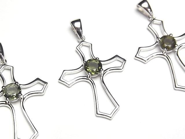 Pendentif croix facetté rond en moldavite de haute qualité AAA 30x24x5mm Argent 925